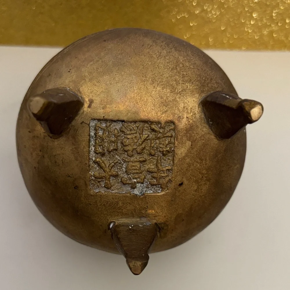 Vintage Marked Chinese Brass Footed Incense Burner Holder Tri pod pot lidded - Picture 8 of 11